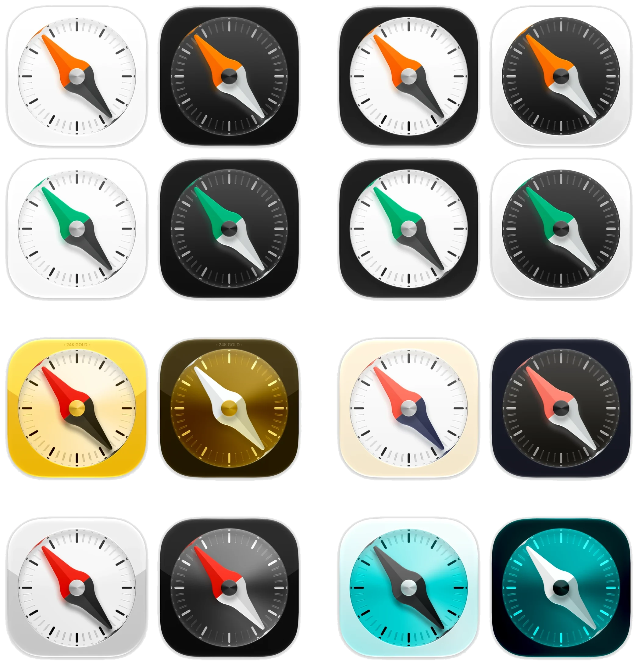Sixteen Travel compass app icons in light, dark, gold, orange, green and teal variants