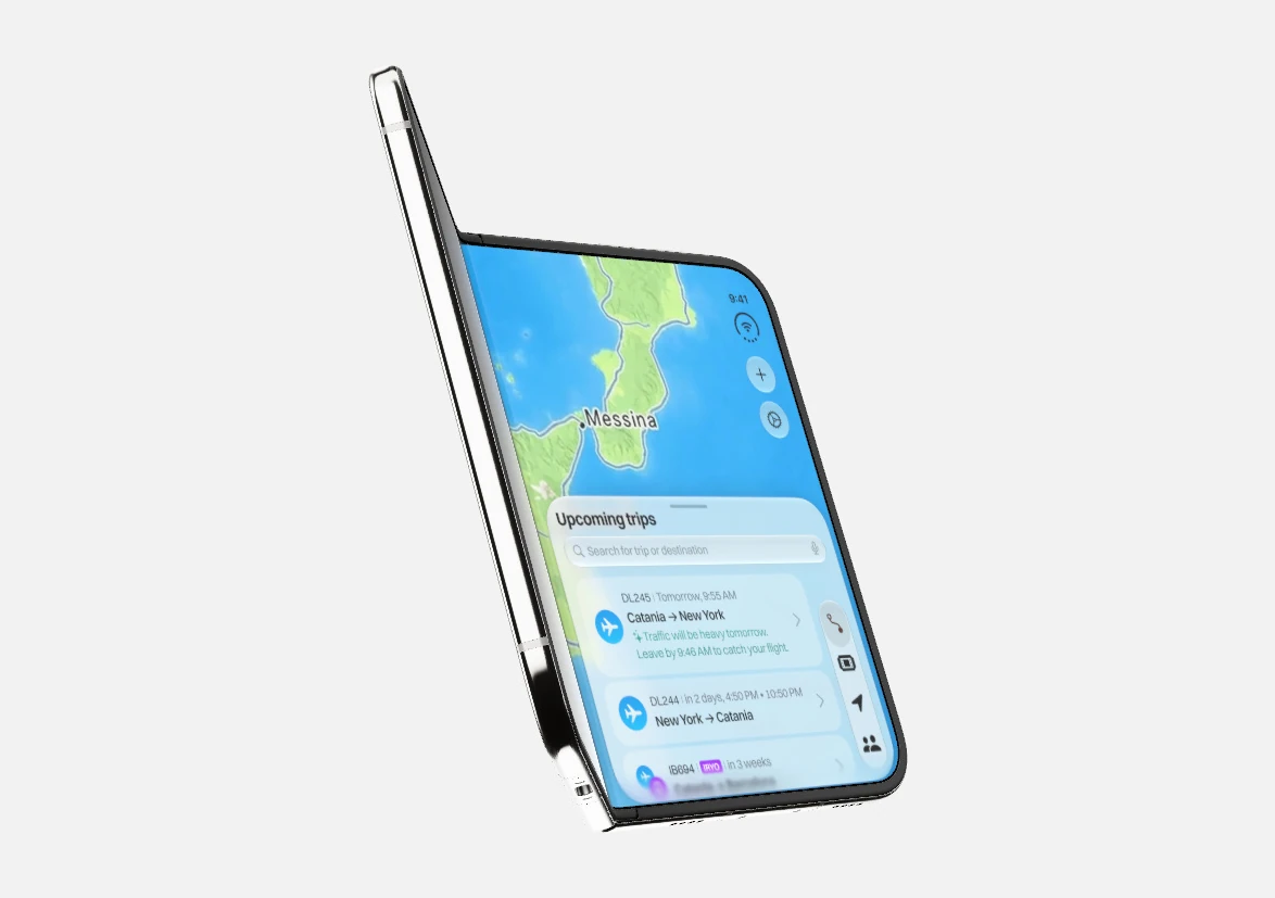 Travel on a folding iPhone with the map and upcoming trips side by side