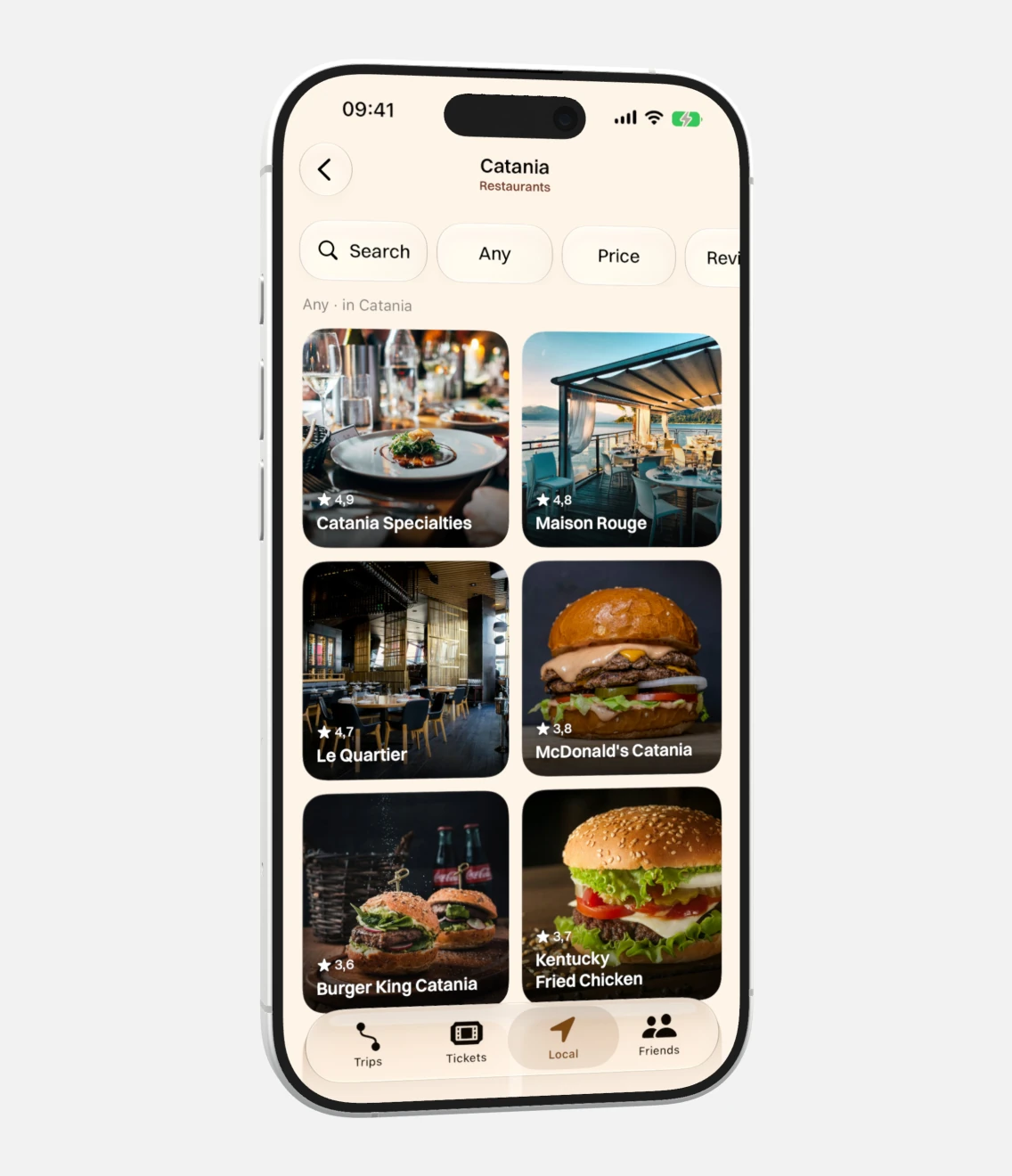 Restaurants in Catania shown as a grid of photo cards with ratings and filters