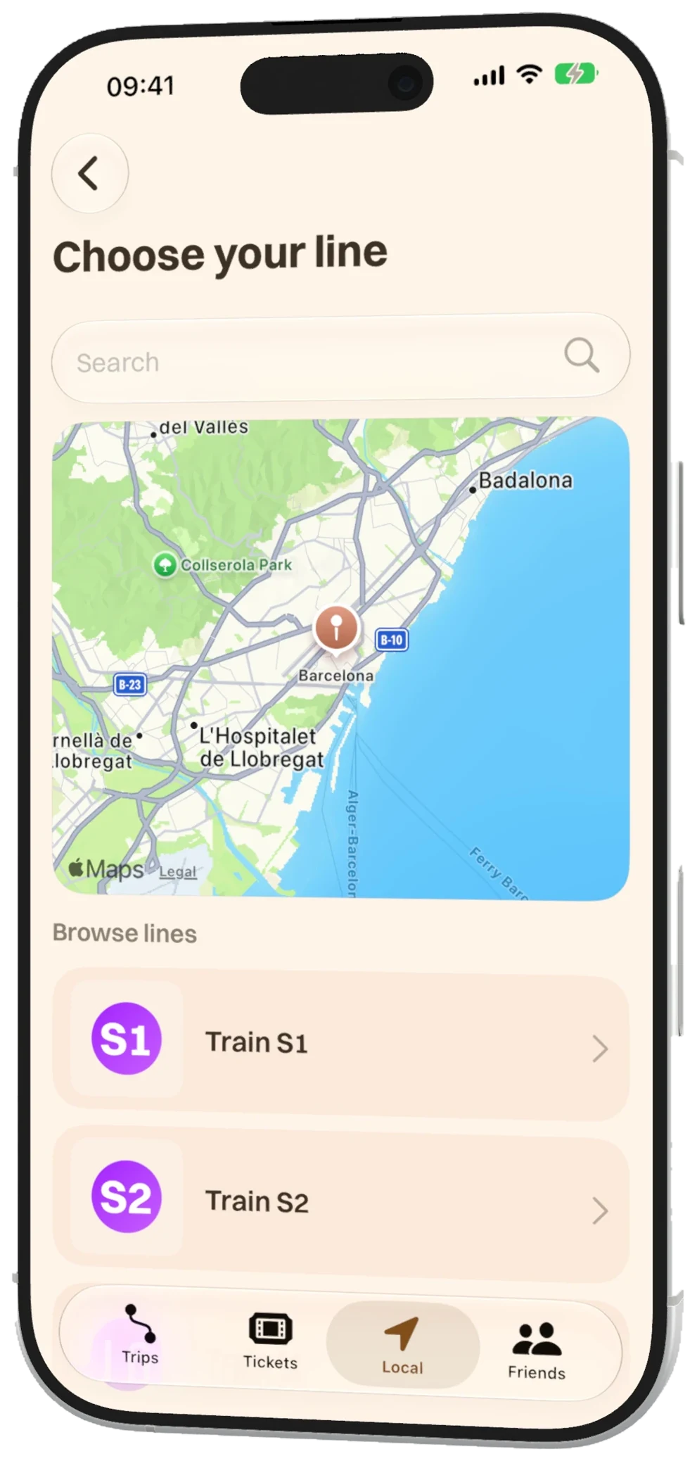 The Choose your line screen with a Barcelona map and the S1 and S2 train lines