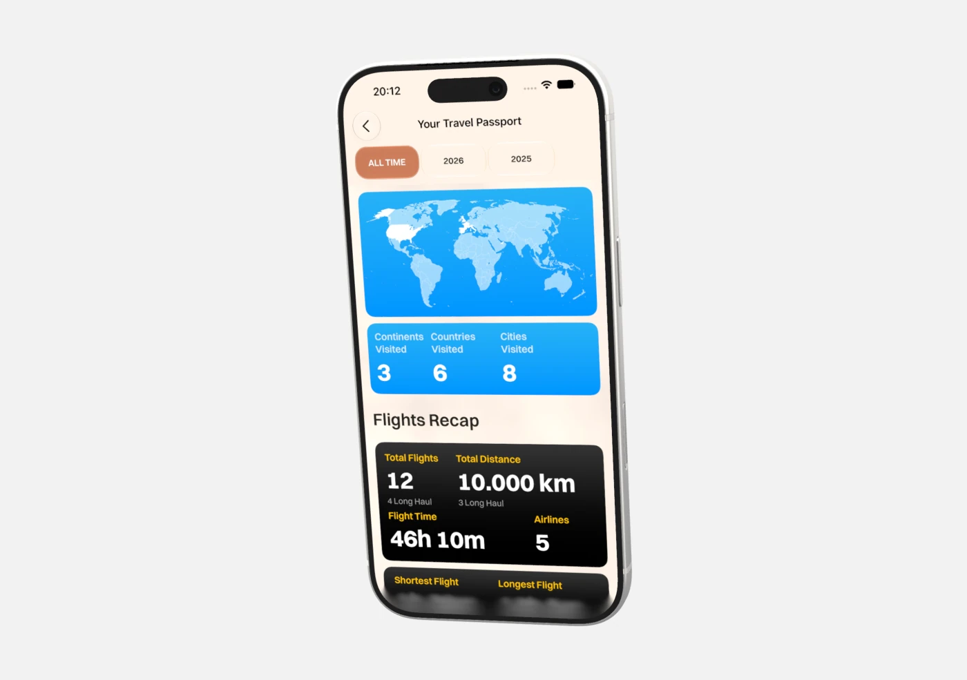 The Your Travel Passport screen with a world map, countries visited and a flights recap
