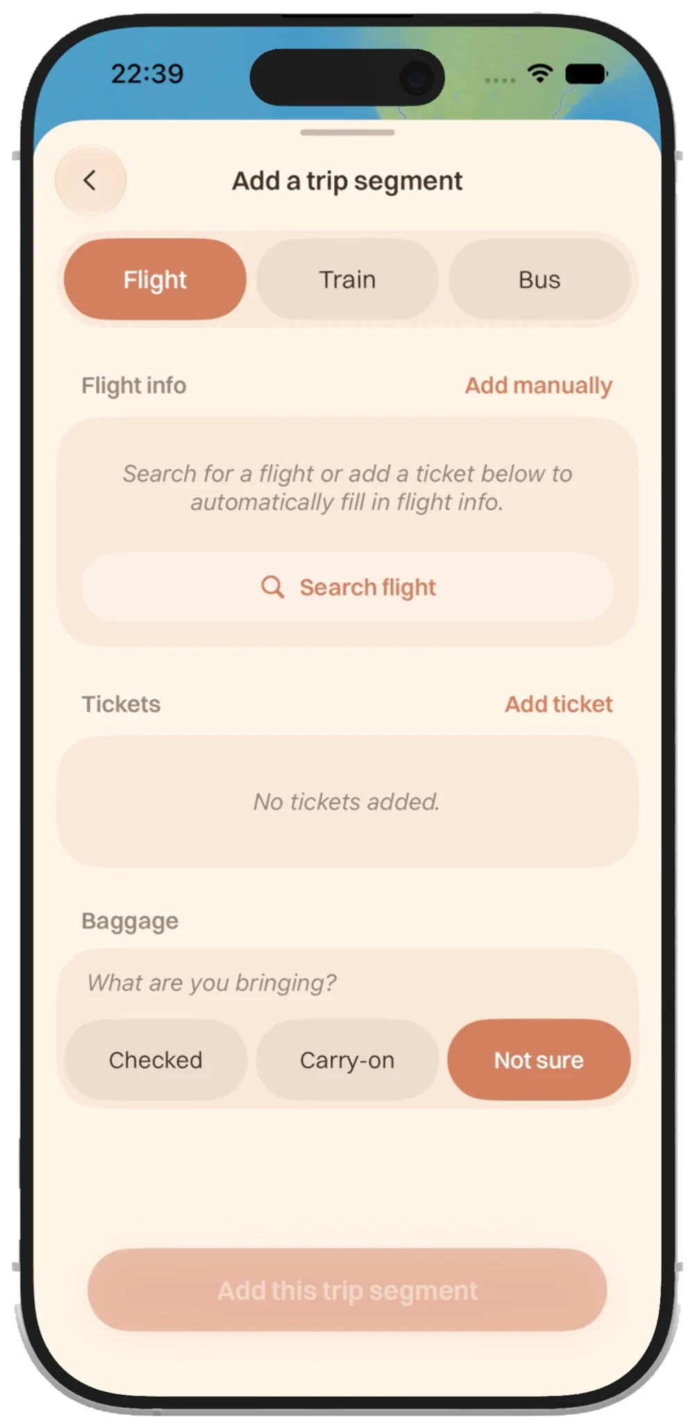 The Add a trip segment screen with flight, train and bus options, ticket and baggage fields