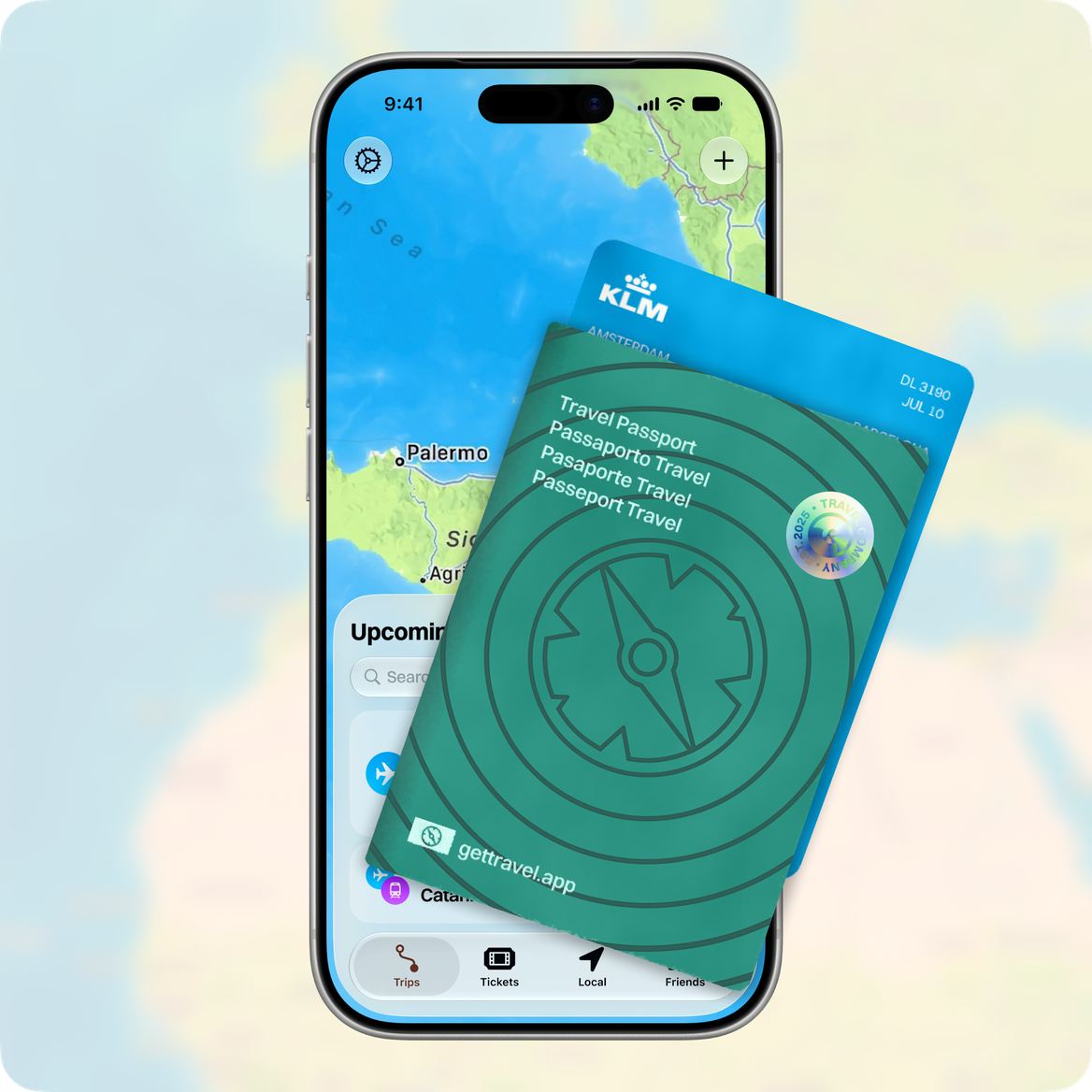 Travel app with a teal Travel passport and boarding pass